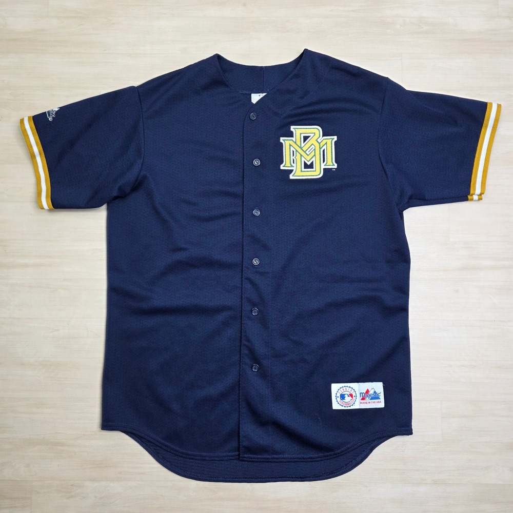 Majestic Milwaukee Brewers MLB Baseball Jersey Mens Large Navy Blue Made in USA